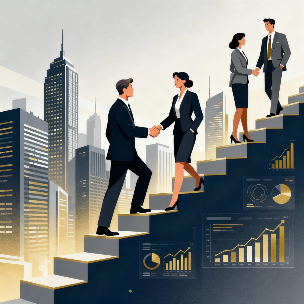 Business leaders climbing steps toward C-suite roles, symbolizing product manager career growth