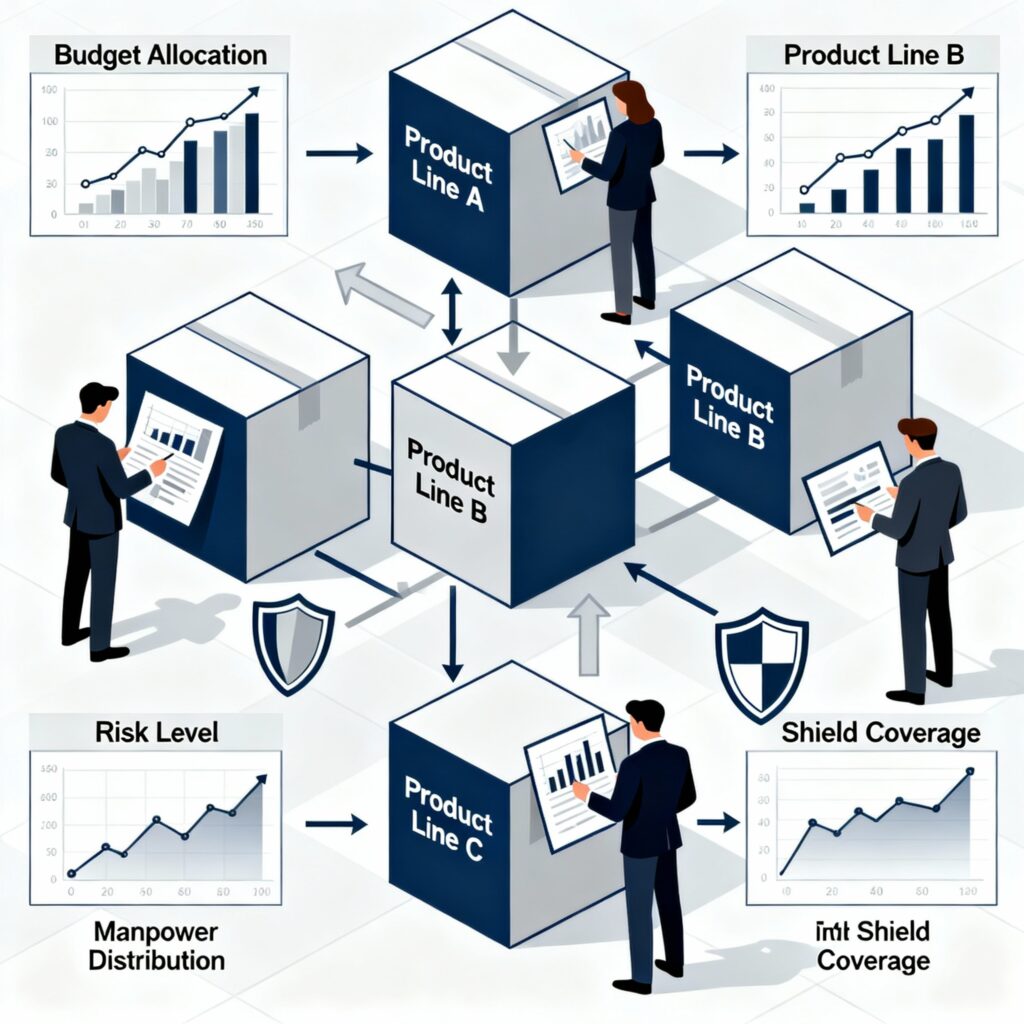 Business team managing resources and minimizing risks across multiple interconnected product lines