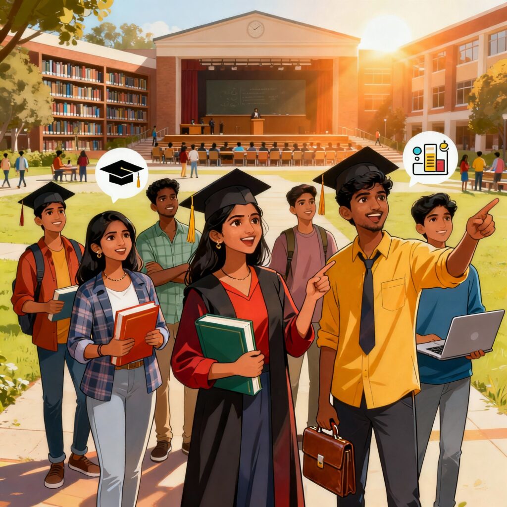 Illustration of diverse students and campus representing postgraduate courses in India
