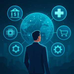 Business professional surrounded by digital icons representing industries hiring tech MBA graduates