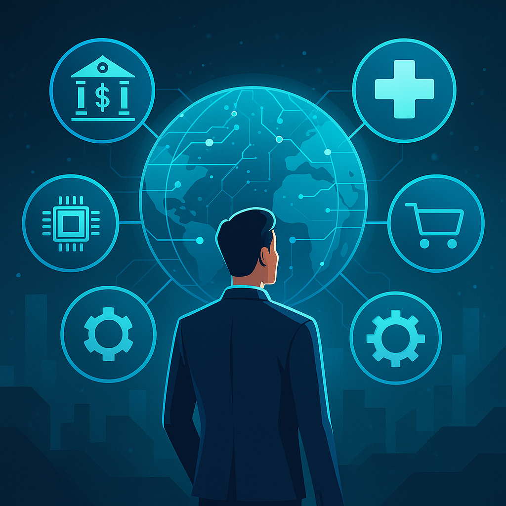 Business professional surrounded by digital icons representing industries hiring tech MBA graduates