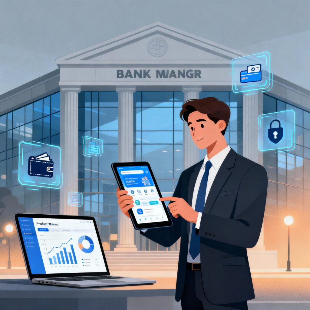 Product manager at bank building with digital banking and financial icons