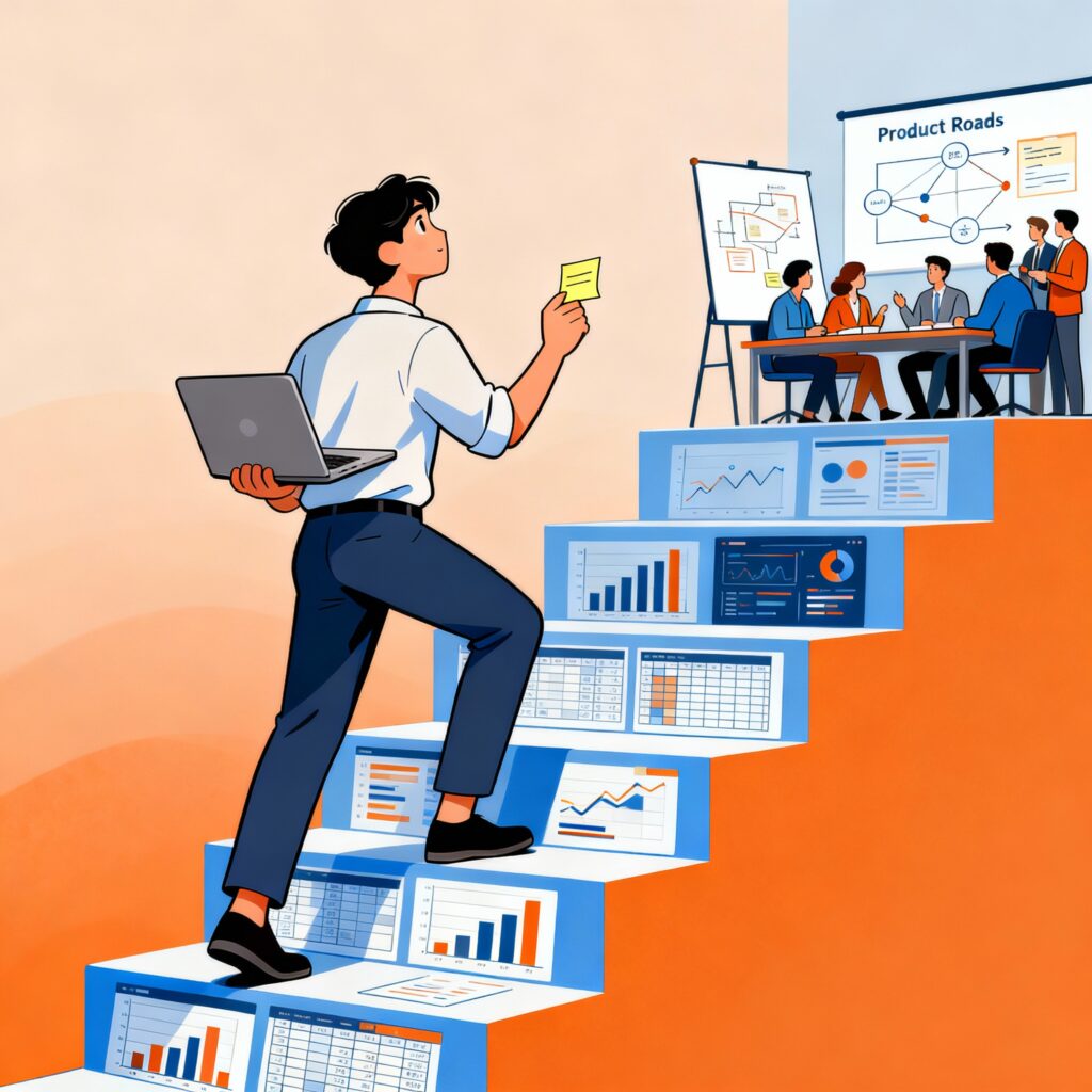 Person climbing career steps from business analyst to product leadership role