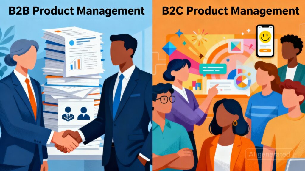 Split-brain illustration comparing B2B and B2C product management approaches
