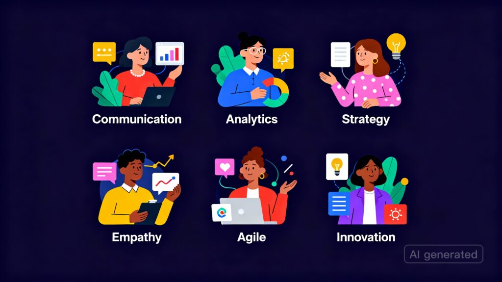 Vibrant infographic showing key product management skills like strategy, empathy, and teamwork