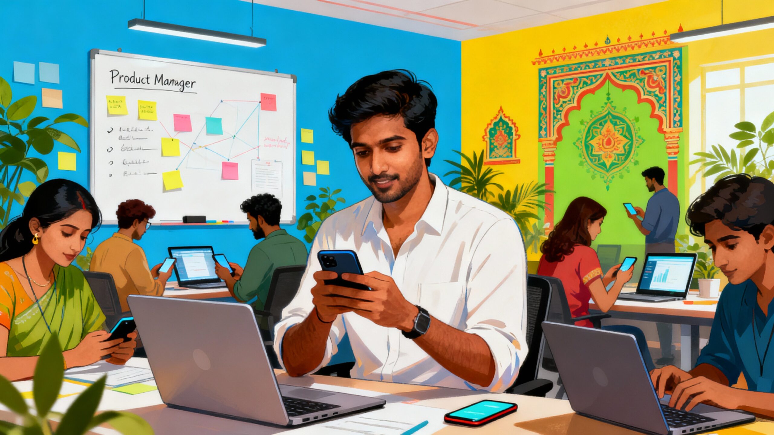 Product Manager collaborating at an Indian startup office