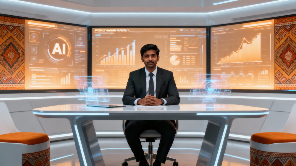 Aspiring AI Product Manager in a futuristic interview setting at a modern workspace