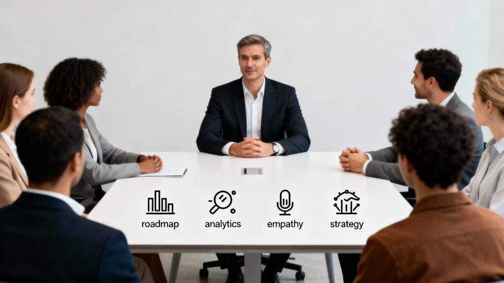 Product leader in a modern office interview with diverse panel, clean professional setting