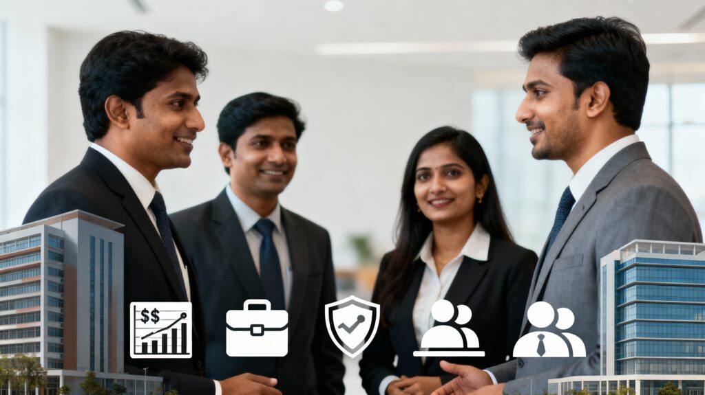 Professionals networking at an Indian business school representing executive MBA career outcomes