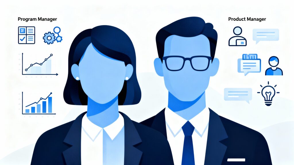 Side-by-side illustration of Program Manager and Product Manager roles with symbolic icons
