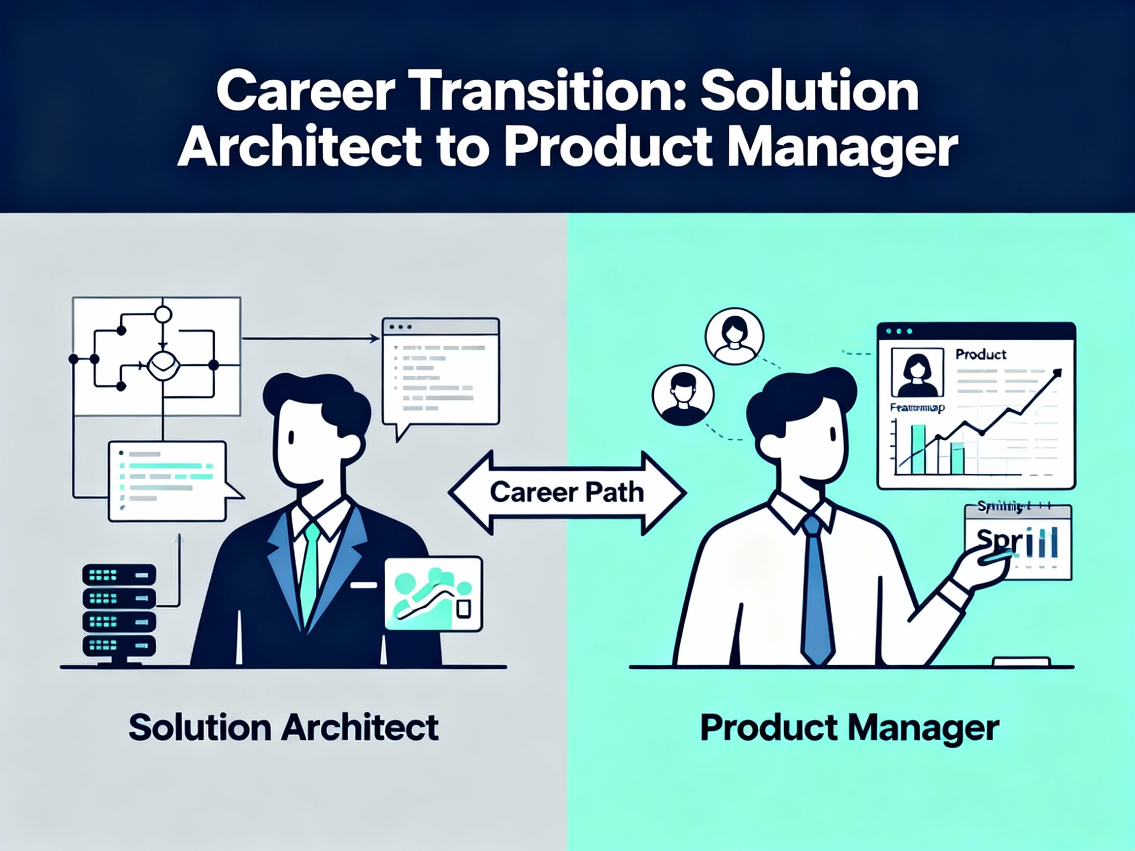 Illustration of a solution architect transitioning into a product manager role