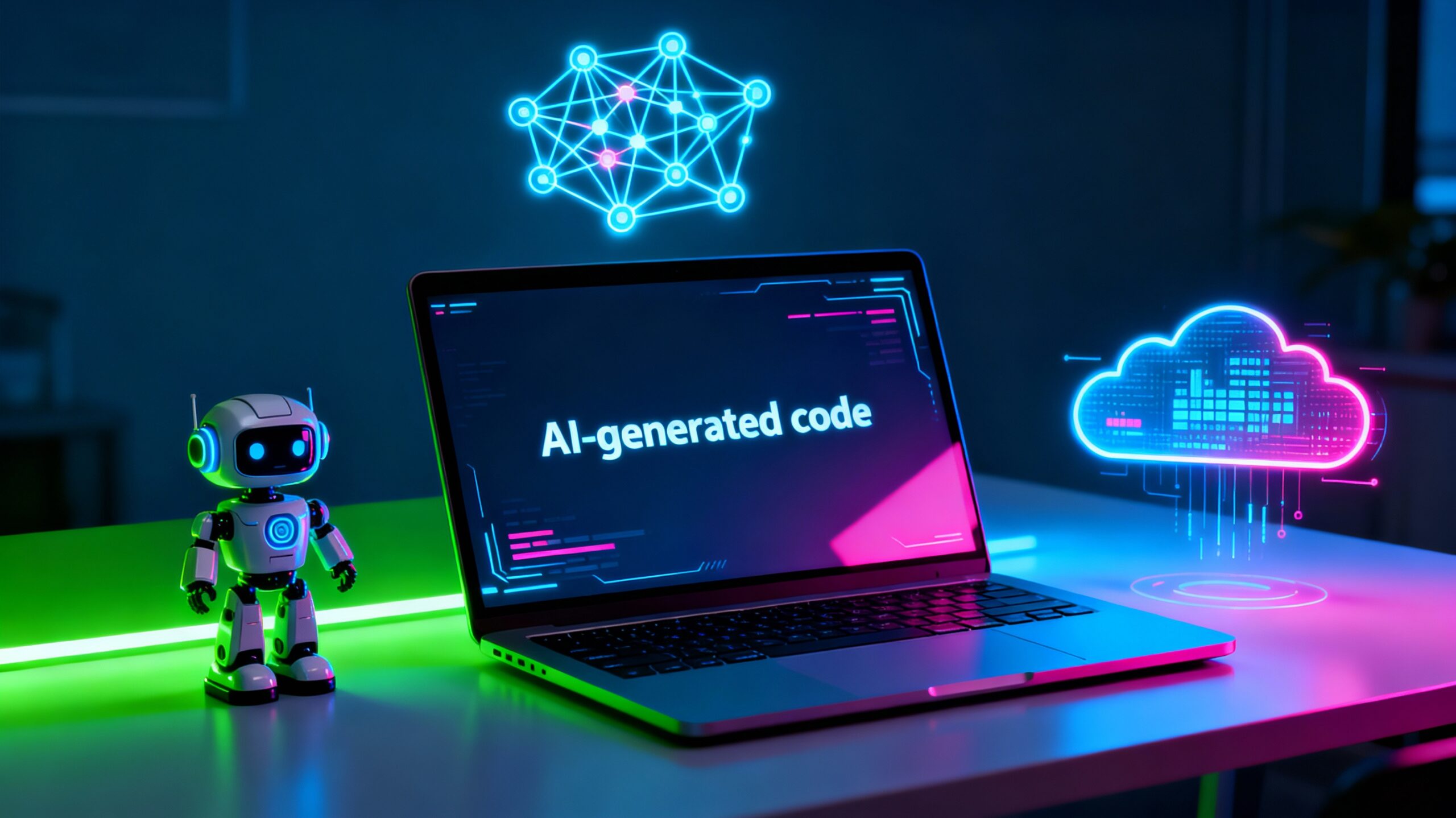 Developer coding with AI tools on laptop, surrounded by AI icons and technology symbols