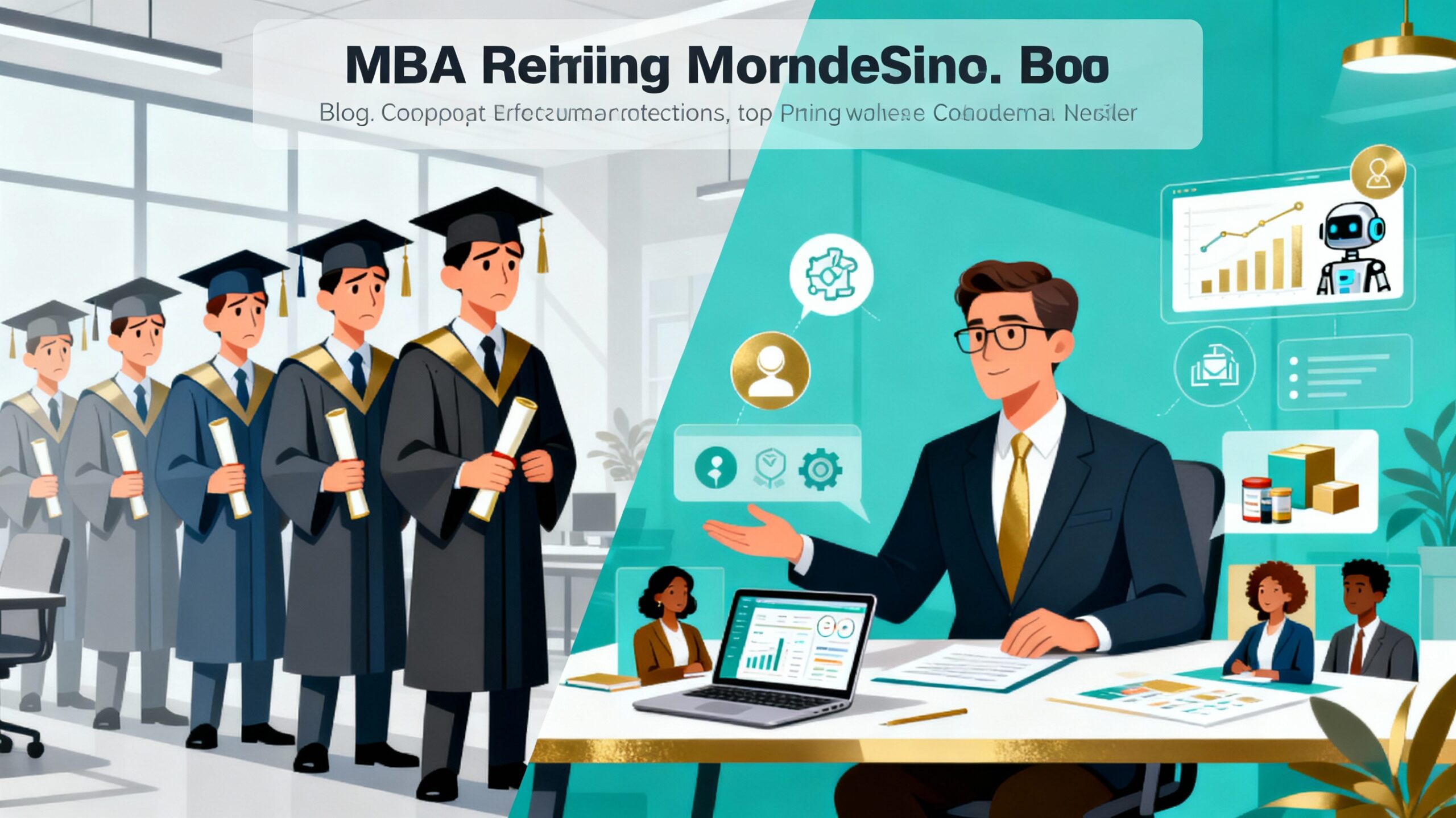 Hiring manager choosing skilled, tech-savvy candidates over a line of similar MBA graduates in a split-screen office scene.