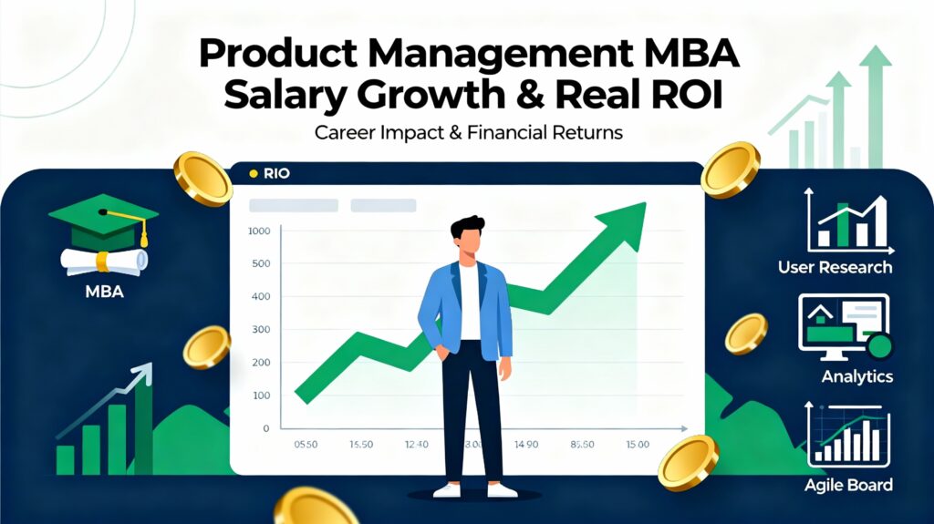 Product manager viewing rising salary and ROI charts with MBA and product management skill icons