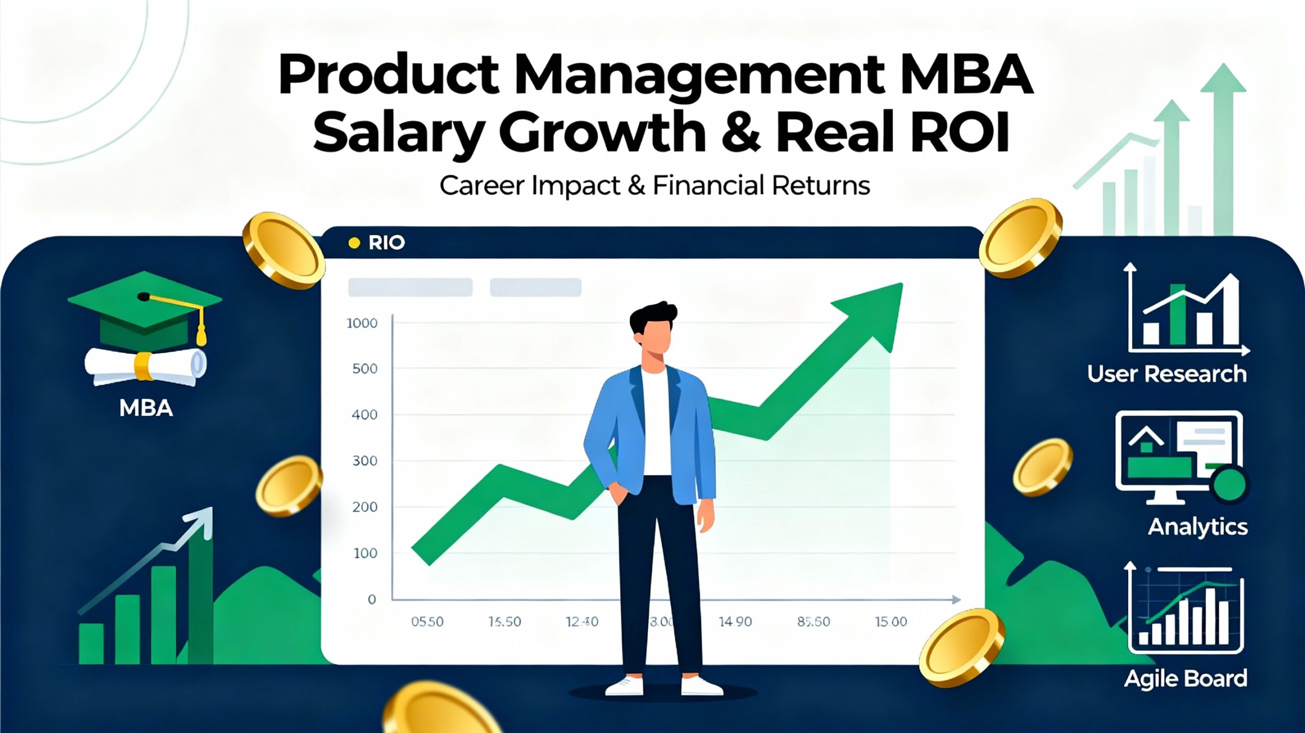 Product manager viewing rising salary and ROI charts with MBA and product management skill icons