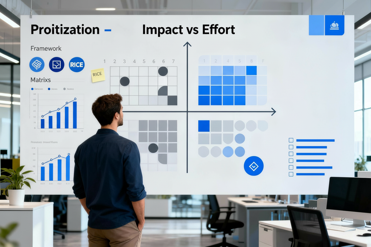 Product manager at prioritization board with visual matrices, quadrants, and charts in modern office