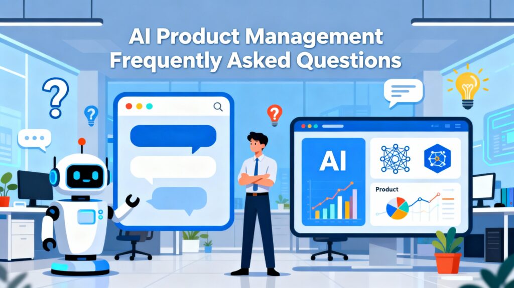 AI product manager between chatbot Q&A bubbles and AI dashboards with charts and icons.