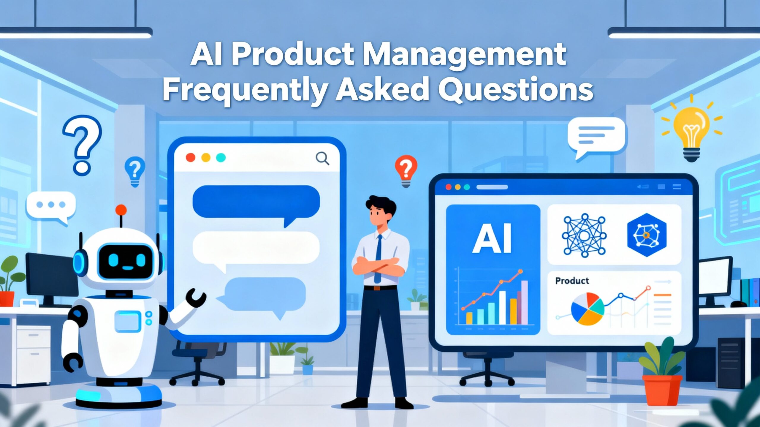 AI product manager between chatbot Q&A bubbles and AI dashboards with charts and icons.