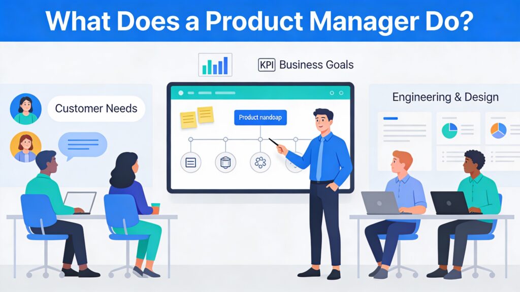 Product manager guiding a cross‑functional tech team using a digital roadmap and user feedback board