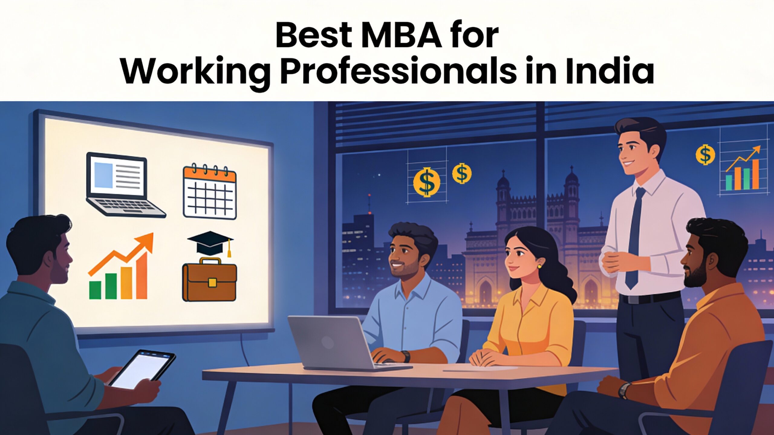 Indian professionals in a modern space pursuing flexible MBA with career icons on screen