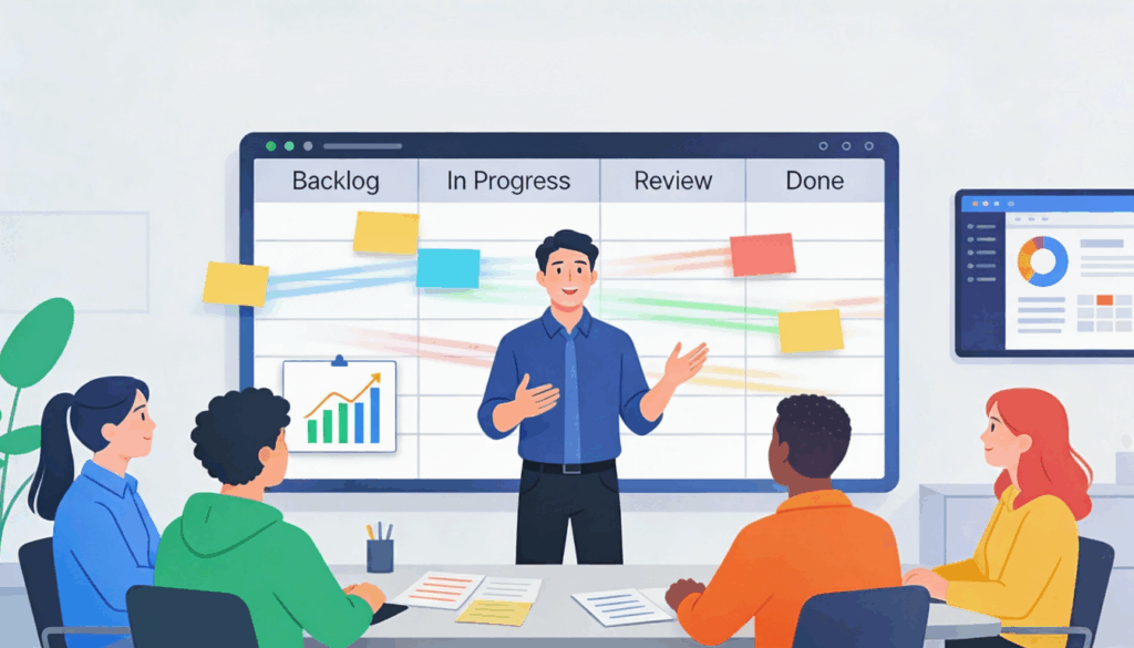 Agile product manager leading a cross‑functional team around a digital Kanban board