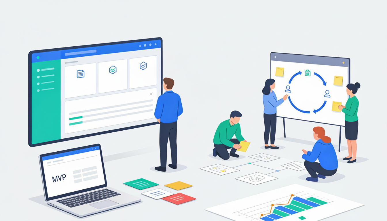 Lean product manager reviewing experiment metrics with a small team using a simple Kanban board