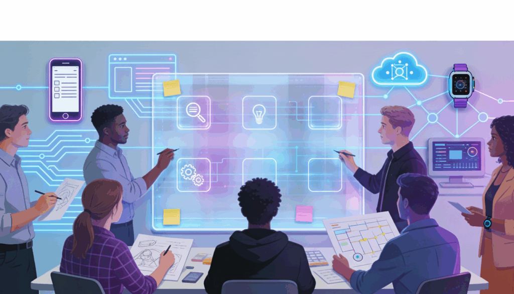 Team collaborating on high-tech design thinking process with digital prototypes