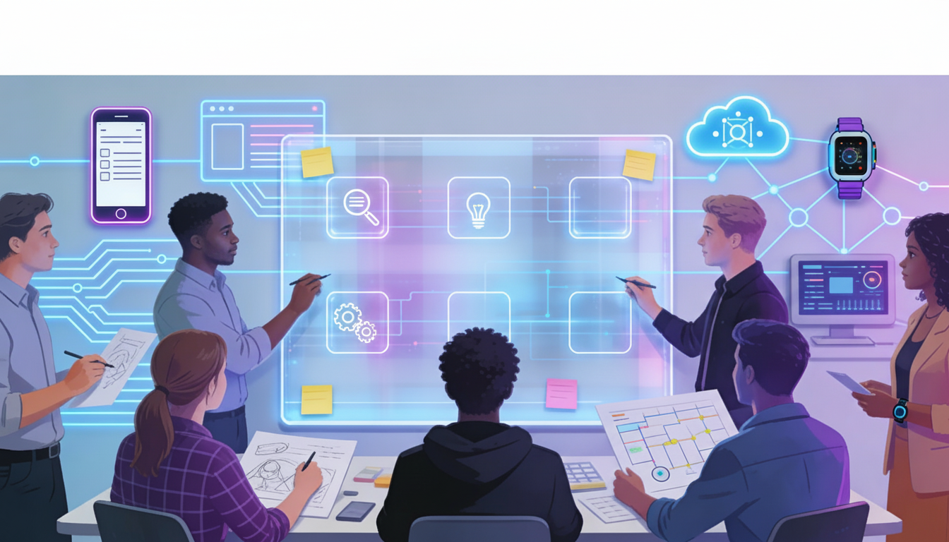 Team collaborating on high-tech design thinking process with digital prototypes