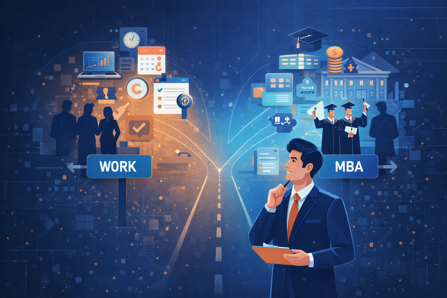 Working professional choosing an executive MBA while balancing career decisions and learning