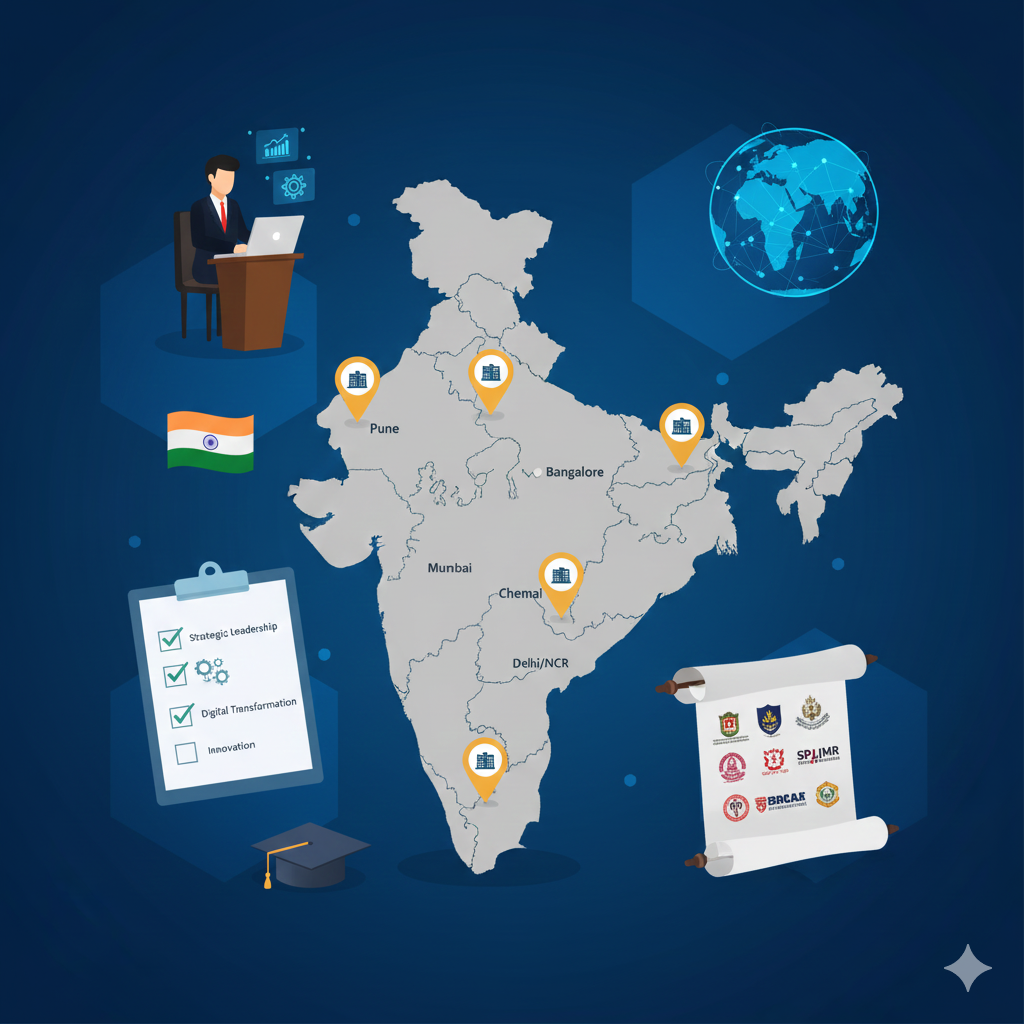 Infographic of Best MBA in Technology Management courses in India with tech icons