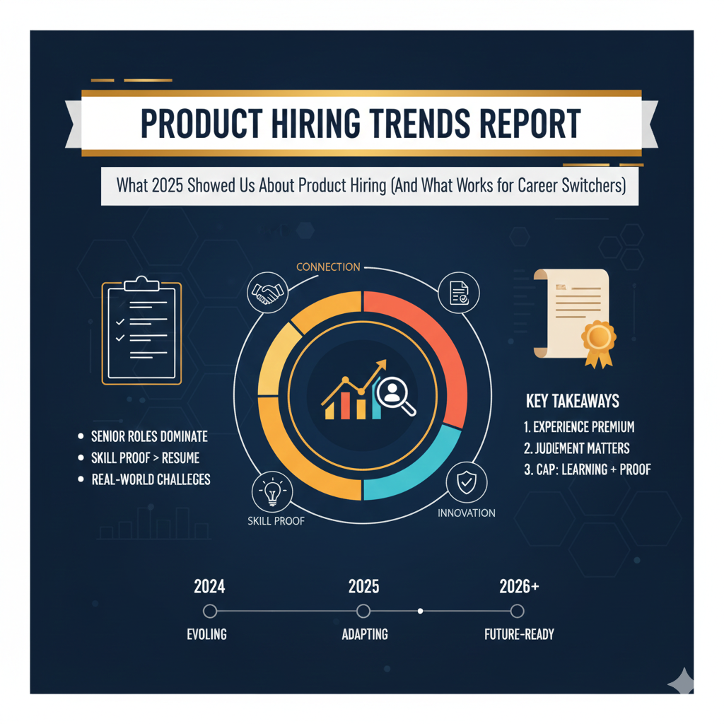 Product hiring trends report infographic showing skills-based hiring signals and career transition insights for 2025