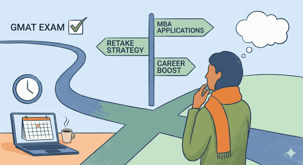 Person at a crossroads considering MBA applications and GMAT retake strategies