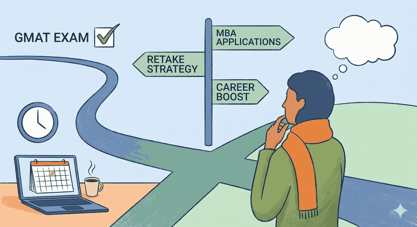 Person at a crossroads considering MBA applications and GMAT retake strategies