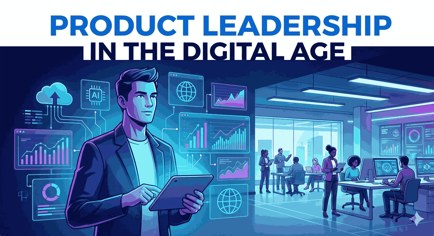 Product leader with digital data displays and a team in a modern office