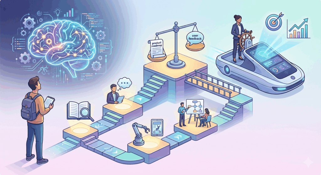 Illustration showing the path to learning AI product management