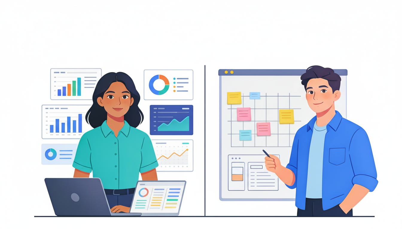 illustration comparing a Product Analyst with data dashboards and a Product Manager with a product roadmap