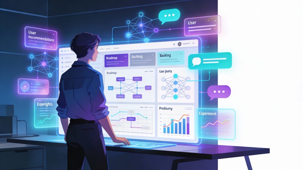 Product manager using AI-powered dashboards and insights to plan roadmap, experiments, and user experience