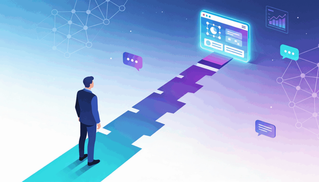 Professional standing on a glowing AI-themed path of milestones leading up to an AI product interface