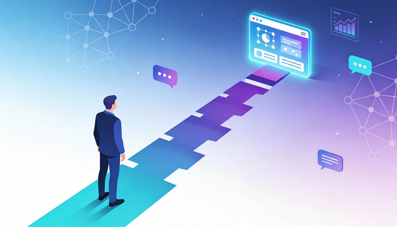 Professional standing on a glowing AI-themed path of milestones leading up to an AI product interface