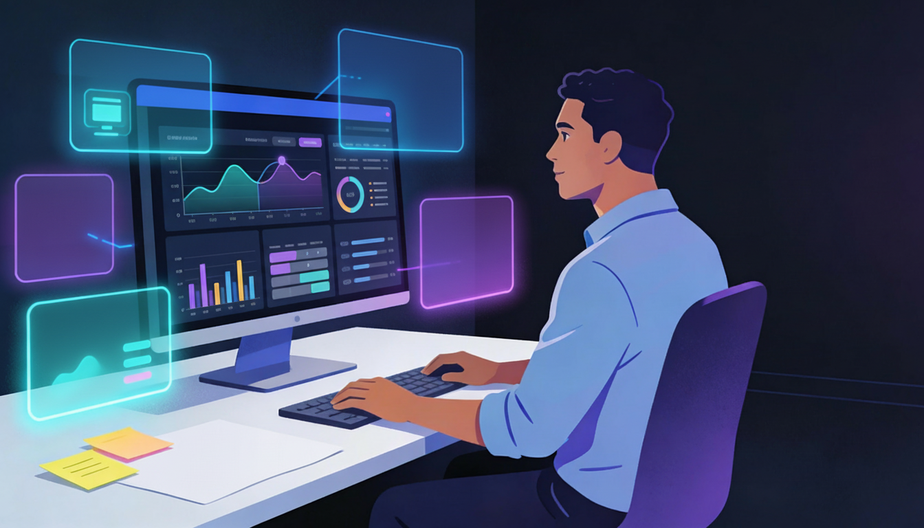 Product manager at workstation using AI-enhanced dashboard for analytics, prioritization, and roadmap planning