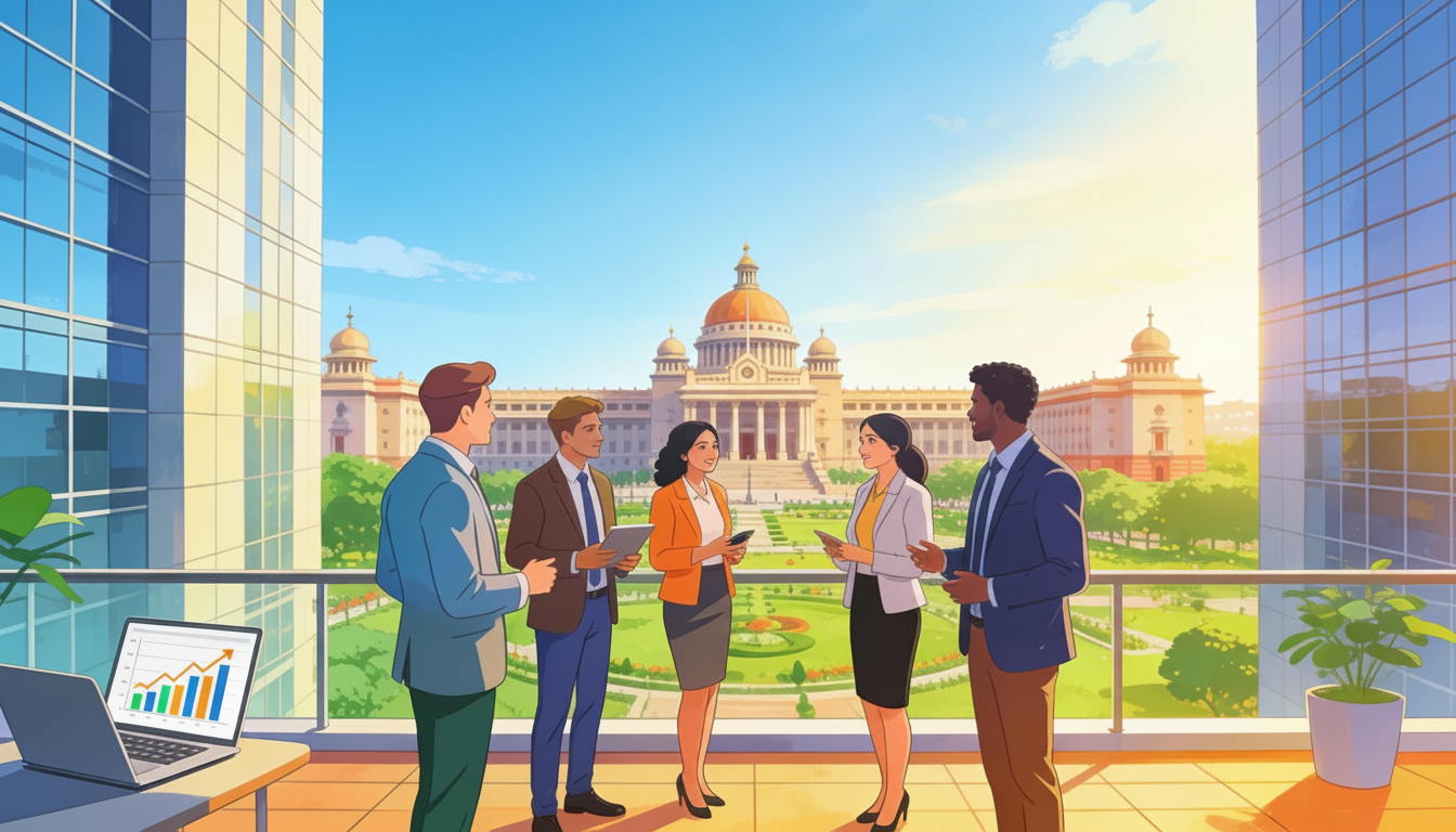 Illustration of professionals networking on Bangalore business school terrace with skyline view