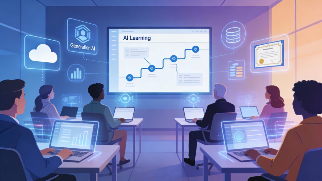 Diverse professionals learning AI skills via laptops and holograms in modern workspace