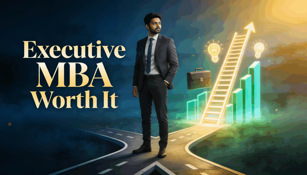 illustration of a business professional at a crossroads choosing an Executive MBA path with rising success