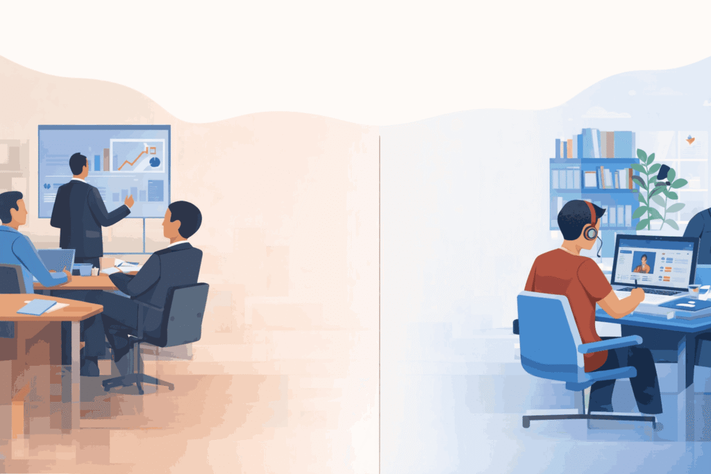 Executive MBA vs Online MBA learning formats: classroom leadership vs remote digital learning setup