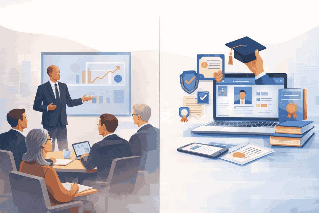 Executive MBA classroom learning compared with online certification-based professional training setup