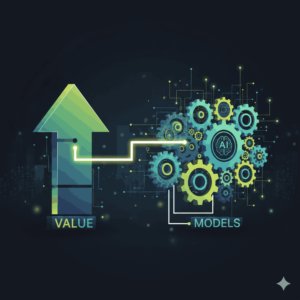 Conceptual illustration of a rising value arrow powering a complex network of AI gears