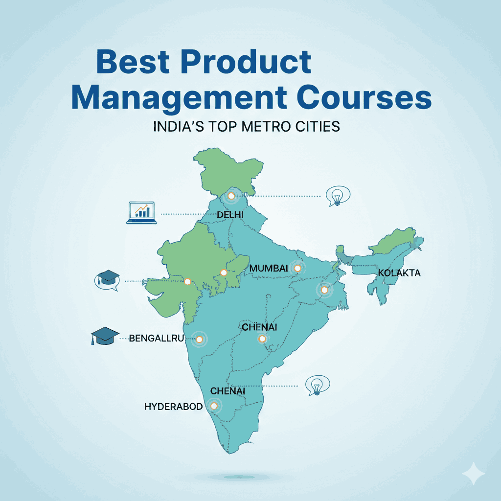 Map showing top metro cities offering Product Management courses in India