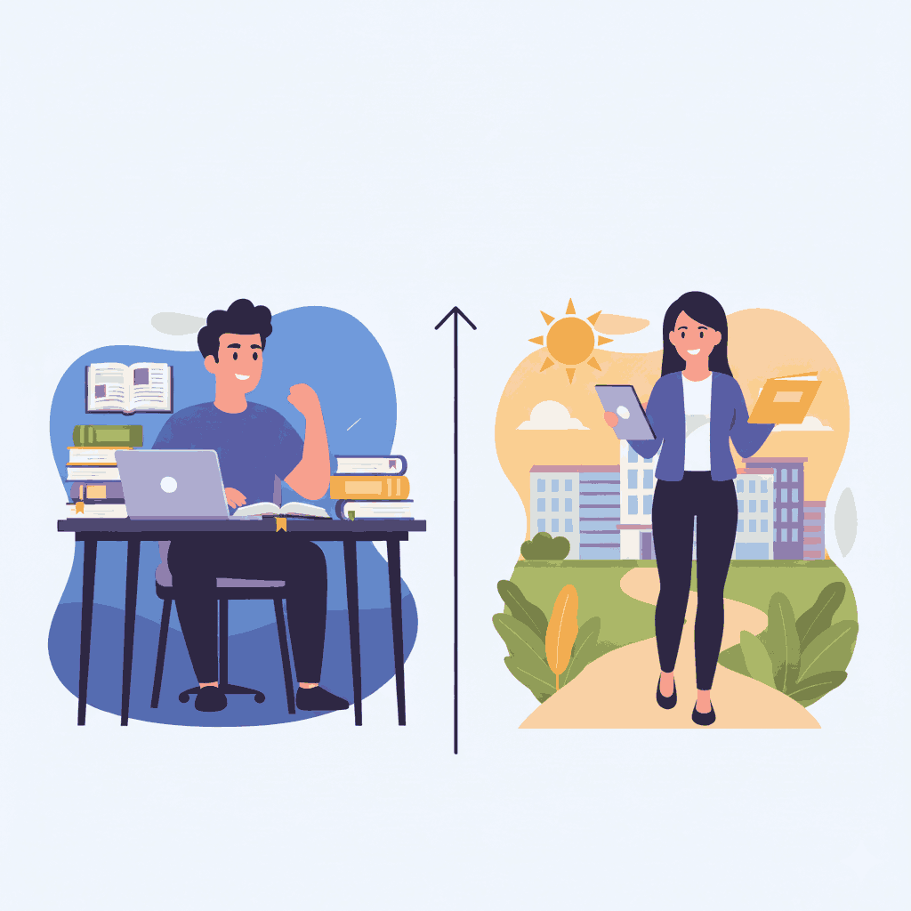 Student studying vs professional career growth illustration showing academic to career transition
