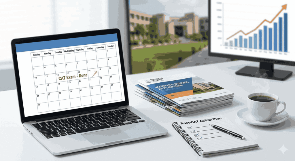 Post-CAT action plan: Workspace with a calendar, checklist, and MBA application brochures
