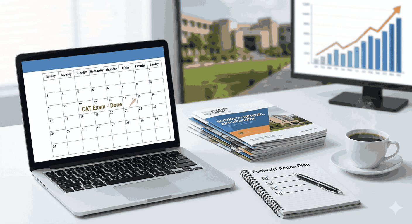 Post-CAT action plan: Workspace with a calendar, checklist, and MBA application brochures